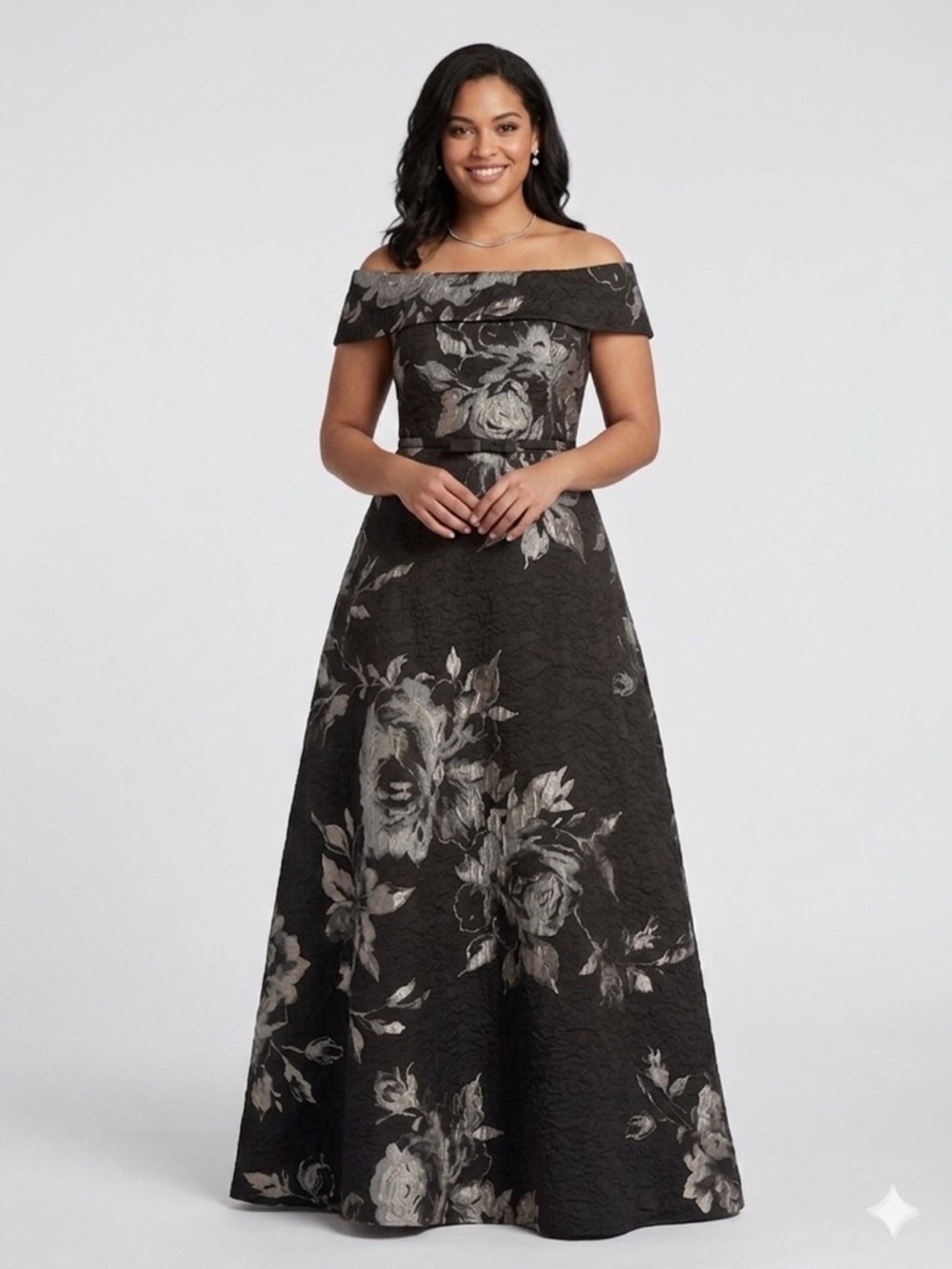 Teri Jon Black Floral Off-Shoulder A-Line Formal Gown SZ18 fits closer to a 16